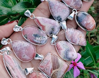 Natural Pink Rhodochrosite, Natural Gemstone, Bezel Pendants Lot, 925 Silver Plated Pendants, Mix Shapes & Size, For Women Pendants Jewelry