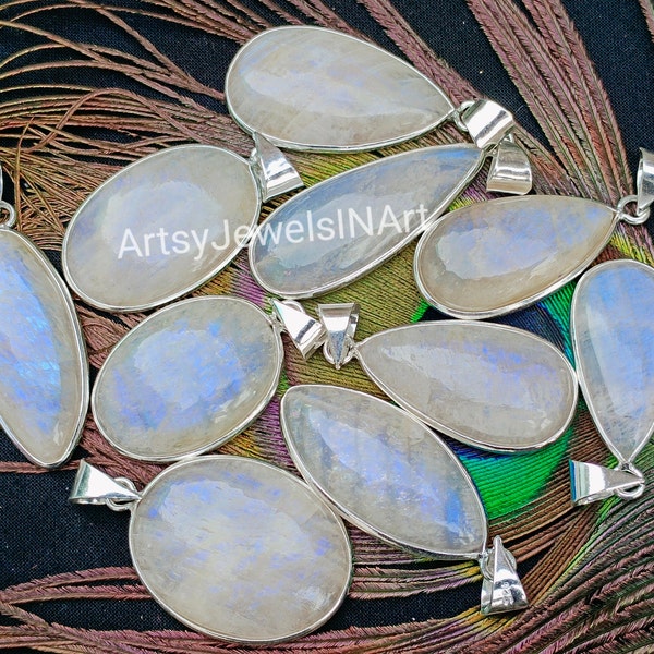 Natural African Moonstone Gemstone 925 Silver Plated Bezel Pendants, African Moonstone 925 Silver Plaed Necklace Pendants Jewelry.