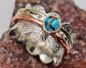 Copper Turquoise Spinner Ring, 925 Sterling Silver Spinner Ring, Anxiety Ring, Handmade Ring, Meditation Ring, Silver Ring, Gift For Woman.