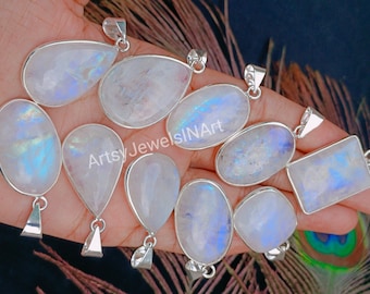 Natural Rainbow Moonstone Pendants, 925 Silver Plated Pendants, Bezel Lot Pendants, Necklace, Wholesale Bulk Lot Pendants, Moonstone Jewelry