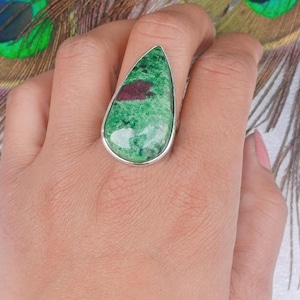 Natural Ruby Zoisite Stone Ring: Pear Shape Cabochon For Jewelry