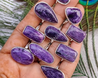 Natural Charoite Ring, Bezel Lot Rings, Handmade Charoite Lot Rings, Ring For Women Jewelry, Wholesale Lot Rings, US Ring SZ 6 To 11