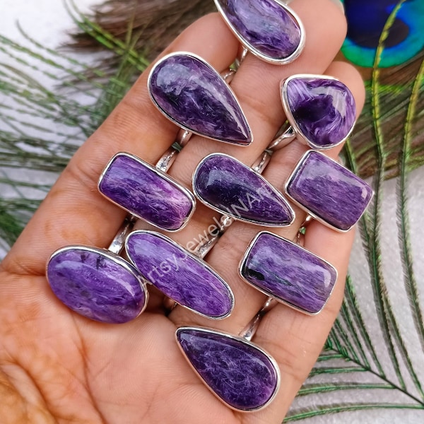 Natural Charoite Ring, Bezel Lot Rings, Handmade Charoite Lot Rings, Ring For Women Jewelry, Wholesale Lot Rings, US Ring SZ 6 To 11