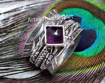Natural Amethyst Spinner Ring, 925 Sterling Silver Spinner Ring, Silver Ring, Meditation Ring, Handmade Ring, Women&#39;s Ring, Worry Ring.