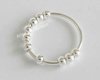Anxiety Bead Ring With 10 Beads Ring, 925 Sterling Silver Spinner Ring, Meditation Spinner Ring, Fidget Ring, Silver Ring, Gift For Her,