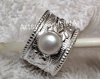 White Pearl Ring, Wide Band Ring, 925 Sterling Silver Ring, Floral Design Ring, Silver Ring, Handmade Ring, Thumb Ring, Anniversary Gift