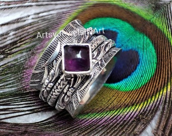 Natural Amethyst Spinner Ring, 925 Sterling Silver Spinner Ring, Silver Ring, Meditation Ring, Handmade Ring, Women's Ring, Worry Ring.