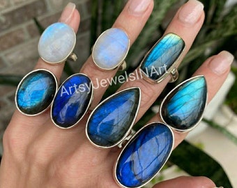 Anelli di labradorite blu naturale e pietra di luna, anello placcato in argento 926, anello fatto a mano, lotto all'ingrosso anello da donna, gioielli da donna, US SZ da 6 a 11