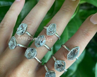 Natural Herkimer Diamond Ring, 925 Silver Plated Ring, Natural Uncut Stone Ring, Raw Stone Ring, Crystal Ring, Herkimer Lot Women Ring,
