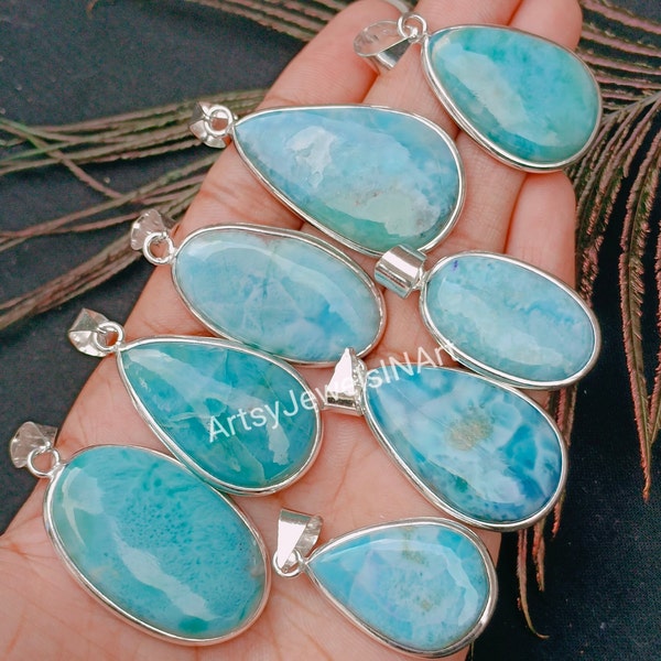 Natural Larimar Pendants, Larimar Gemstone Bezel Pendants, 925 Silver Plated Wholesale Bulk Lot Pendants, Women Pendant, Handmade Pendant.