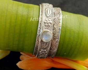 Anello in pietra di luna naturale, anello in argento sterling 925, anello di ansia, anello fatto a mano, anello spinner di meditazione, anello in argento, gioielli fatti a mano