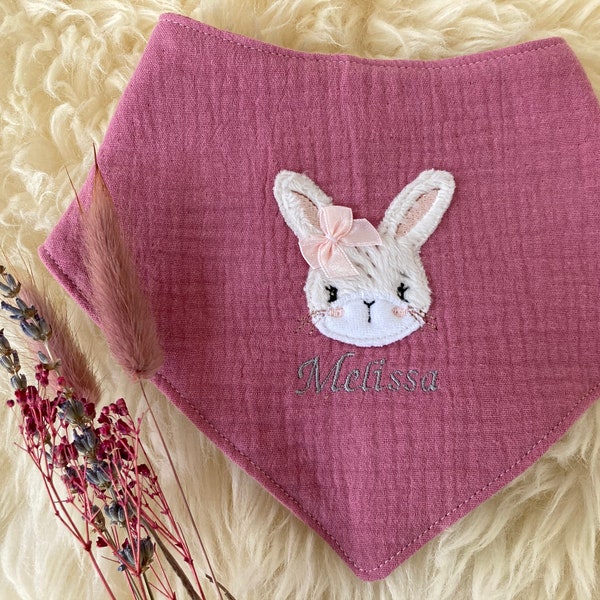 Muslin neckerchief triangular scarf for babies and toddlers, rabbit with name personalized, Easter, Christmas gift