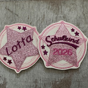 Klettie Sterne Glitzer Rosa, Schulkind 2026/mit Namen personalisiert, Klett Patch, Schultüte, Schulranzen, Schulanfang, Adventskalender