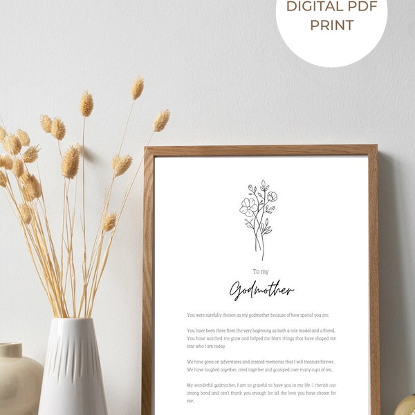 To My Godmother Print - digital downloadable print for godmother, god mum poem, PDF print, gift for godmother