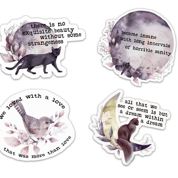 Edgar Allan Poe Sticker Set Mystic Watercolor Moon Celtic Cats Quotes Writing Love Strangeness Stickers Pack
