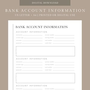 Bank Account Information Tracker | Printable | US Letter, A4