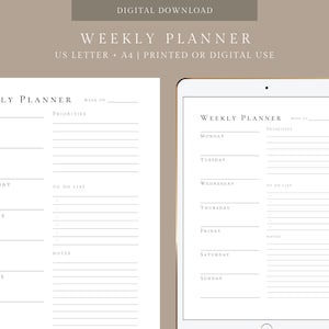 Minimalist Weekly Planner | Printable | US Letter, A4 - Etsy