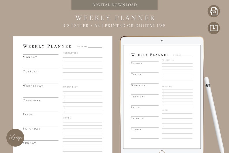 Minimalist Weekly Planner | Printable | US Letter, A4 - Etsy