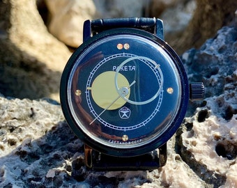 Raketa Copernicus, Kopernik, soviétique vintage, montre-bracelet, 2609, rare, collection, montre lune, montre spatiale, montre unisexe, bracelet en cuir