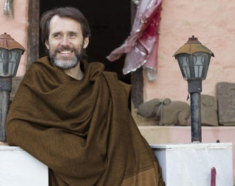 Handwoven Merino Wool Meditation Shawl: Large Prayer Blanket - Brown - SHIVAM