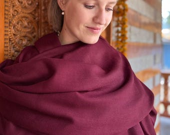 Merino Wool Meditation Shawl: Tibetan Buddhist Blanket, Burgundy Red - TARA Large