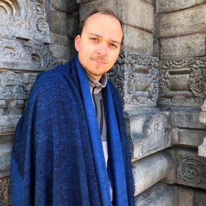 ISHWAR - Handwoven Large Meditation Shawl - Cobalt Blue - Merino Wool & Angora Blend - Luxurious Softness - Elegant Herringbone Weave
