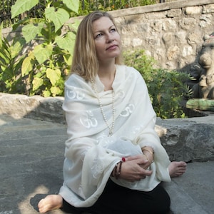 PURNA OM - Large Embroidered OM Yoga Blanket - Merino Wool Meditation Shawl for Yoga Practice, Spiritual Meditation Wrap, Soft Wool Shawl