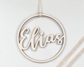 Holzkranz, Holzring mit Name schlicht und modern aus Holz, Holzanhänger