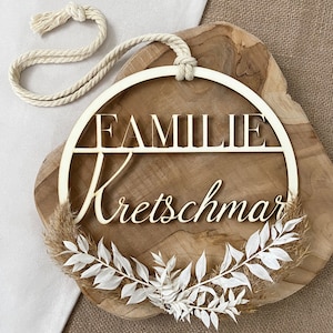 Dried flower wreath wooden wreath with name door sign family sign welcome sign