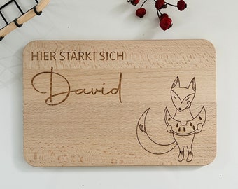 Kinder Frühstücksbrett, Vesperbrett, Brettchen, personalisiert mit Fuchs Motiv und Name