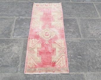 Mini runner rug 44x109 cm cute faded turkish small pink rug vintage handmade boho home decor 456