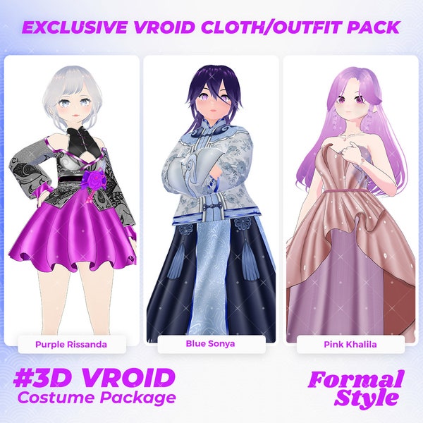 Vroid Clothing Pack, Vroid Outfit, Cosplay Costume, Vroid Assets - Elegant Avatar Couture 3D Vroid Formalwear Trio for Stylish Streamers