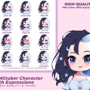 PNG Tuber | PNG Tuber Chibi Cute Star Blue Girl Designs | 12 Pose | Cartoon Vtuber | Pngtuber Model | Streaming Avatar