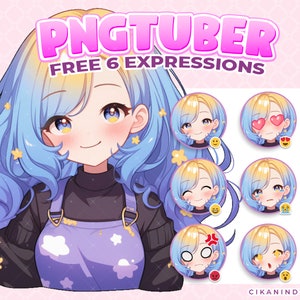 Blauw en geel haar pngTuber-avatar | 6 poses, VTuber-items