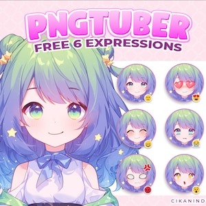 PNG Tuber | Cute Chibi Girl with Green and Blue Hair Adorned with Stars | Get 6 Poses | Cartoon Vtuber | Stream PNG Tuber | Vtuber Model
