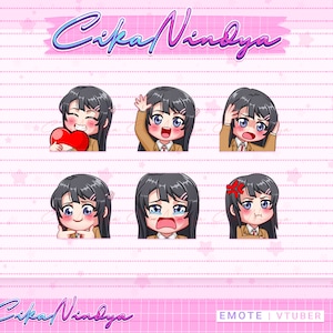 Mai Girls Emotes for Twitch - 6 Pose, Black Hair, Long Hair, Love, Hi, Sad, Angry, Female, Chibi Style, Stream, Twitch emotes, Emotes, Cute