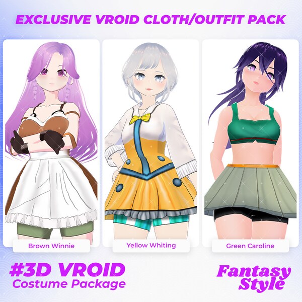 Fable Fashions Set de vêtements fantastiques 3 en 1 captivants pour Vroid - Pack de vêtements VRoid, atouts Vroid, tenue Vroid, costume cosplay, 3D