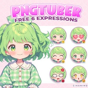 PNG Tuber | Customizable Chibi Girl PNGTuber with Green Hair | Get 6 Poses | Chibi Art | Pngtuber Avatar | Stream Enhance