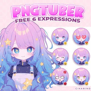 PNG Tuber | Star Girl with Sparkling Blue-Pink Gradient Hair | Get 6 Poses | Kawaii Illustration | Anime Girl | Vtuber Art