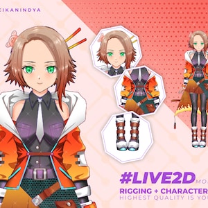 Donkerbruine VTuber-avatar: volledig opgetuigd Live2D-model, 7 expressies