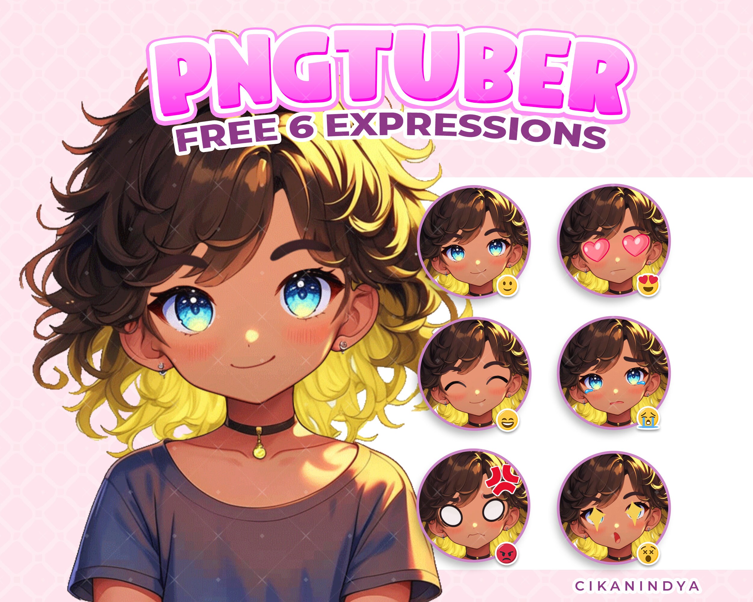 PNG Tuber | Golden Twilight Chibi Girl with Blue Eyes and Curly Ombre Hair | Get 6 Poses | Pngtuber Model | Stream Assets | Stream Graphics