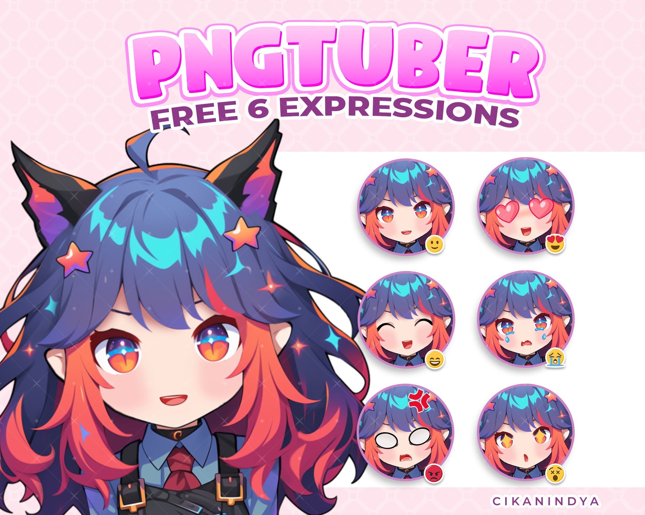 PNG Tuber | Fierce Cat-Eared Girl with Colorful Hair | Get 6 Poses | Vtuber Art | Fun Stream | Pngtuber Model