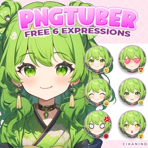 PNG Tuber | Cute Avatar with Green Hair and Elegant Traditional Style | Get 6 Poses | Premade Vtuber | Pngtuber Avatar | Cartoon Vtuber