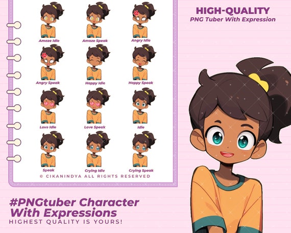 PNGTuber Dynamic PNG Tuber Girl Cartoon Avatar for Unique Streaming 12 Pose Animated Avatar Virtual Character Twitch Channel