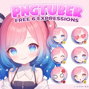 Adorable Chibi PNG Tuber with Pink and Blue Gradient Hair and Cat Ears | Ready-to-Use Streaming Avatar for Twitch, YouTube, TikTok & Kick