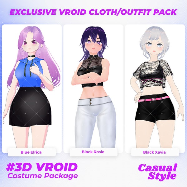 Breezy Boutique Trio Stylish Vroid Ensembles for Virtual Sophisticates - VRoid Clothing Pack, Fashion Collection, Avatar Style Kit