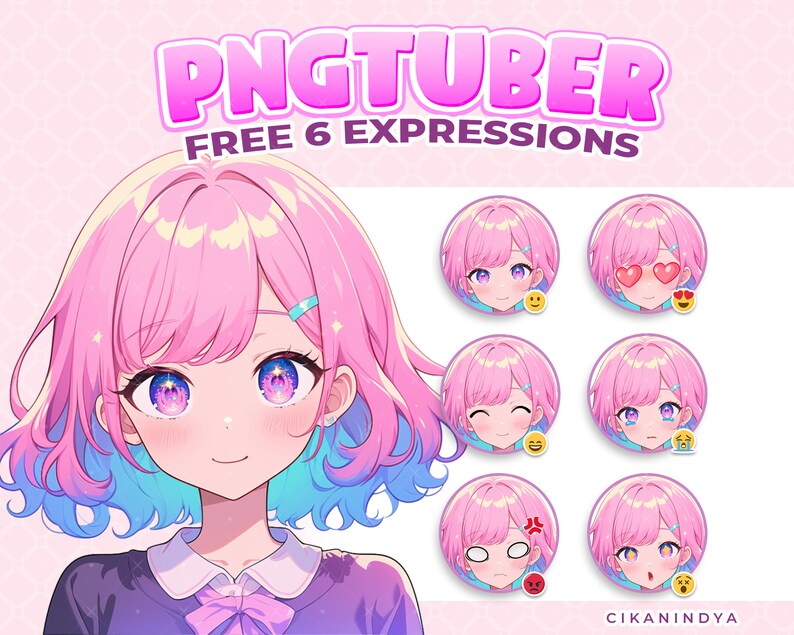 PNG Tuber Kawaii Pink & Bluehaired With Sparkling Eyes Avatar for
