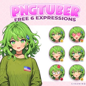 PNG Tuber | Nature&#39;s Charm Vibrant Girl with Green Hair and Floral Accents | Get 6 Poses | png tuber twitch | Twitch | Cartoon Streamer