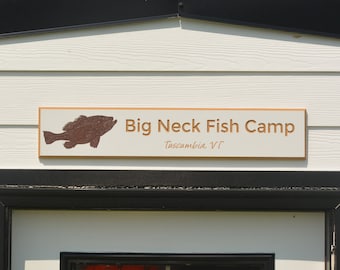 Engraved Fish Sign 28” x 6” - Two lines of text – Brown painted fish with multiple sign and text color choices - available in  Wood or HDU