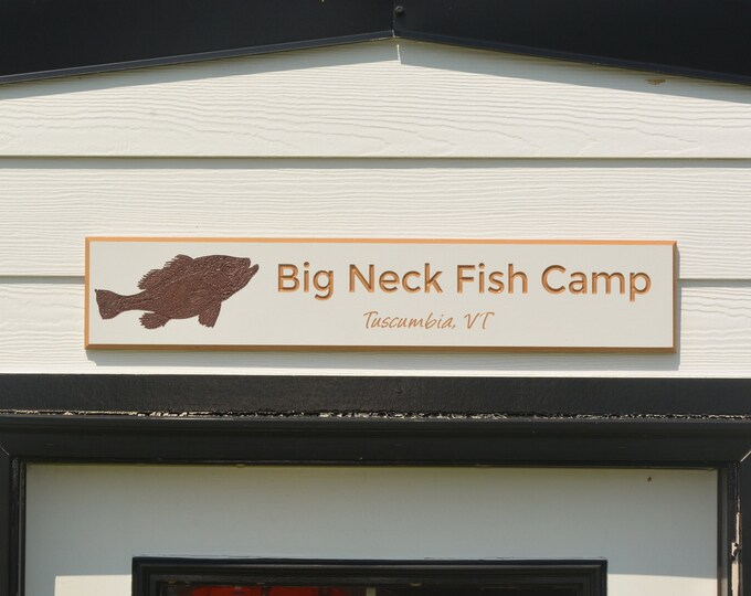Engraved Fish Sign 28” x 6” - Two lines of text – Brown painted fish with multiple sign and text color choices - available in  Wood or HDU